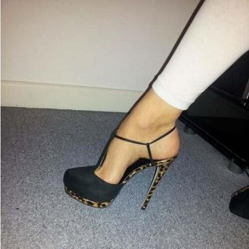 Sexy Leopard Print Heel Women Pumps Thin Super High Heel Suede Slingback Pumps T-bar Strap Sandals Nightclub Party Dress Shoes