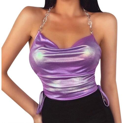 Y166 Women Summer Ruched Drawstring Halter Crop Top Glitter Metallic Holographic Camisole Sexy Backless Metal Chain Bustier