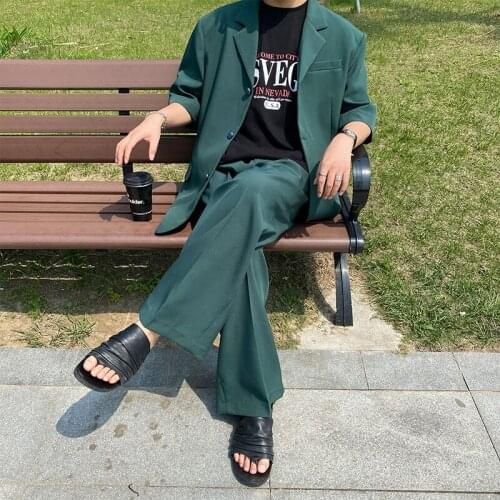 Korean Blazers Single Breated Notched Jacket 2021 Summer New Fashion Solid Color Short Sleeve Suit Coat Green Blue Causal