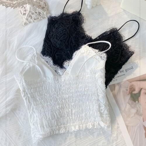 Y166 Women Sexy Spaghetti Strap Camisole Crop Top V-Neck Eyelash Floral Lace Bralette Wirefree Padded Pleated Shirred Back