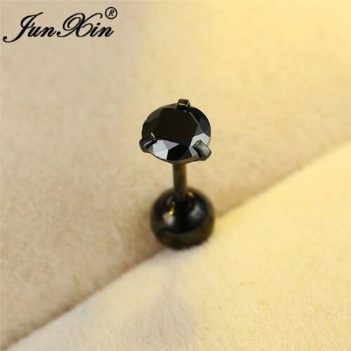 1pc Mens Stacking Black Zircon Round Earrings Black Gold Stainless Steel Barbell Cartilage Stud Earrings For Women Men Jewelry