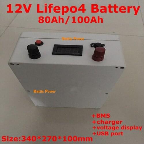 12V 80Ah 100Ah lifepo4 battery 3.2v cells built-in BMS for Vehicle power supply Large ship machine +10A charger