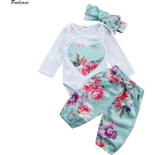 Baby Girls Clothing Sets 2017 Summer Cotton Bodysuit Long Sleeve Floral Pant Headband 3PCS Outfit Sets Kids Girls Clothes 0-24M