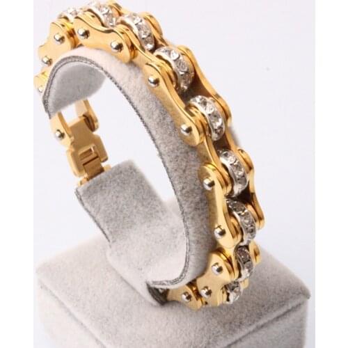 9mm New Arrive Stainless Steel Gold White Vintage Crystal Bicycle Link Chain Bracelet Vintage Mens Womens Daily Jewelry 8inch