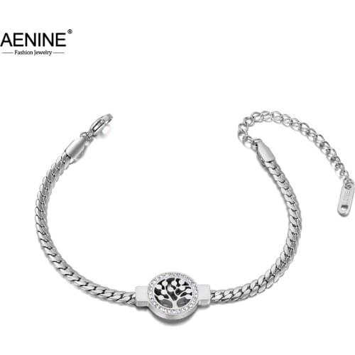 AENINE 316L Stainless Steel Crystal Tree Charm Bracelets For Women Trendy Bohemia Beach Link Chain Bracelet Jewelry AB20148