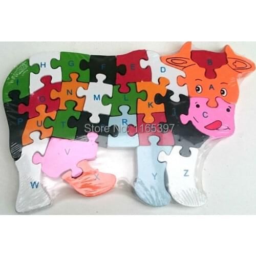 Freeship 1pc children kids Wooden jigsaw animal cow dog horse snake puzzle with numbers letters colorful educational toy