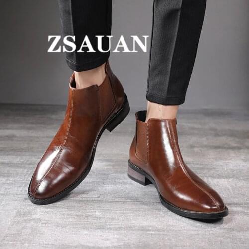 ZSAUAN British Business Style Men Ankle Boots Chelsea Men Pointed Toe Fashion High Top Boots Men Leather Vintage Boots