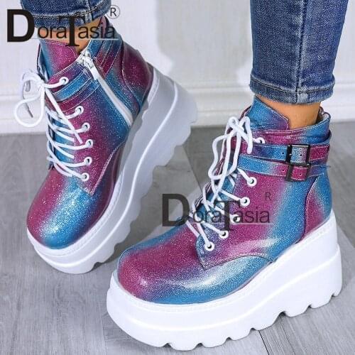 DORATASIA 2020 Brand New Ladies Platform Boots Fashion Thick Bottom Ankle Boots Women 2020 shoelace Buckle Wedges Shoes Woman