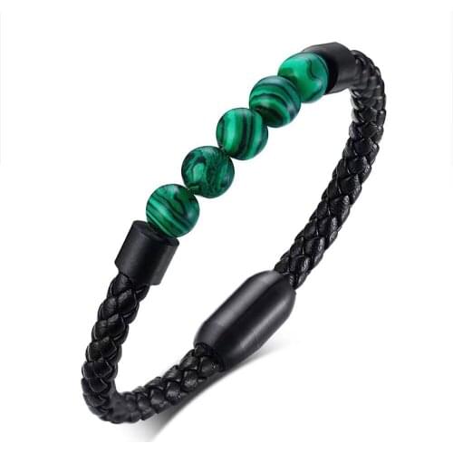 European and American Stainless Steel Magnetic Buckle Genuine Leather Bracelet 1 Circle of Natural Stone