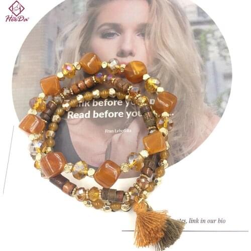 Heeda 2018 Summer Boho Layers Tassel Bracelet Women Fashion 3 Pcs Set Resin Beaded Bracelet Kpop Simple Big Name Brown Bijoux