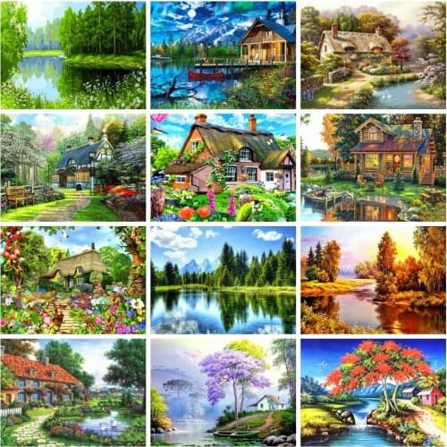 Huacan Diy Diamond Painting House Scenery Diamond Art Embroidery Mosaic Lake Tree Landscape Wall Decor