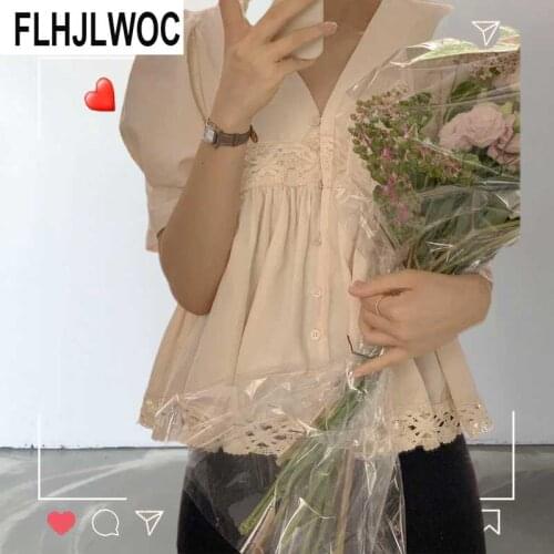 Korean Chic Small Fresh Hollow Out Lace Stitching V-neck Loose Short Doll White Shirts Lolita Style Peplum Cute Sweet Tops