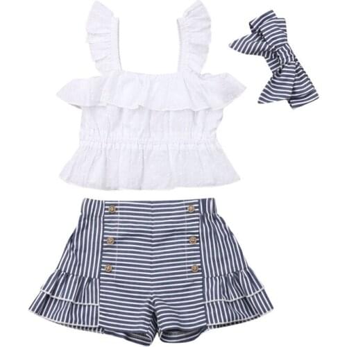 Summer Toddler Kid Baby Girls Clothes Sleeveless Solid Ruffle Strap Tops+Stripe Shorts+Headband 3Pcs Outfits Set Sunsuit