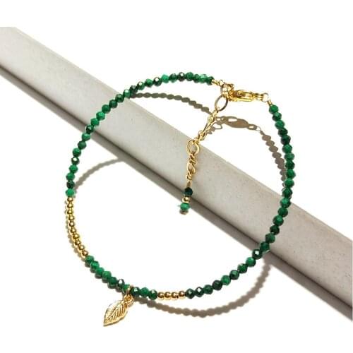 Lii Ji 2mm Green Malachite Sparkling Beads With 925 Sterling Silver Leaf Charm Bracelet American 14K Gold Filled Bracelet 17+3cm
