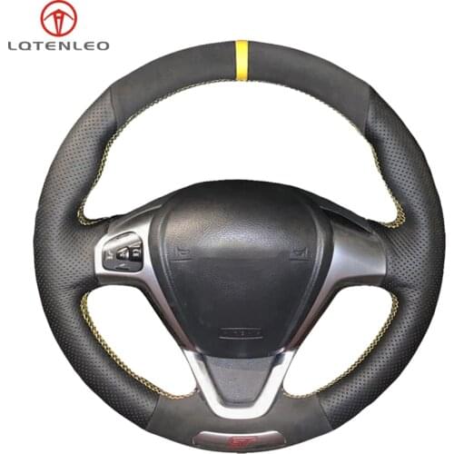 LQTENLEO Black Genuine Leather Suede Hand Sewing Car Steering Wheel Cover For Ford Fiesta ST 2012 2013 2014 2015 2016 2017 2018