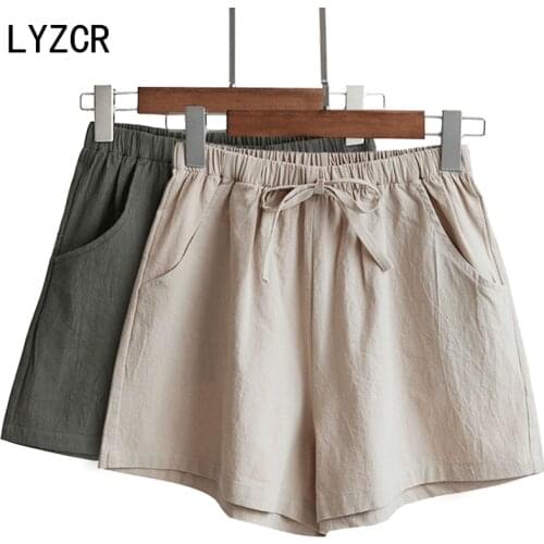 LYZCR Summer Casual Womens Cotton Line Shorts Candy Color high waist shorts For Women Wide Leg khaki Shorts Women 2021