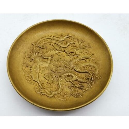 Copper Carved Chinese God and Chinese Dragon and Phoenix Lucky Small Plate