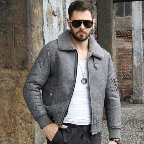 New Shearling Coat Mens B3 Bomber Jacket Grey Fur Coat Mens Winter Coats Genuine Leather Jacket Short Sheepskin Coat