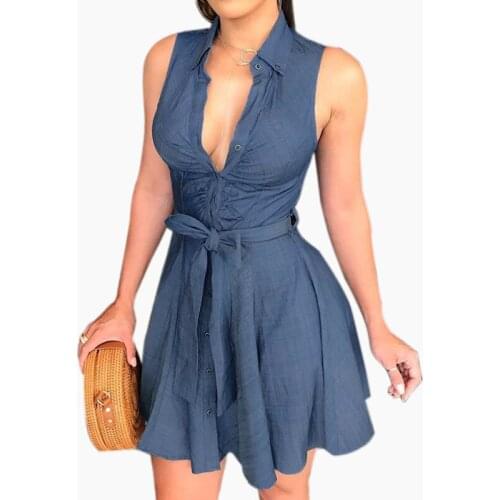 New Arrival 2020 Womens Dress Sexy Large V Neck Sleeveless Club Party Denim Jeans Bandage Bodycon Mini Dress Dropshipping