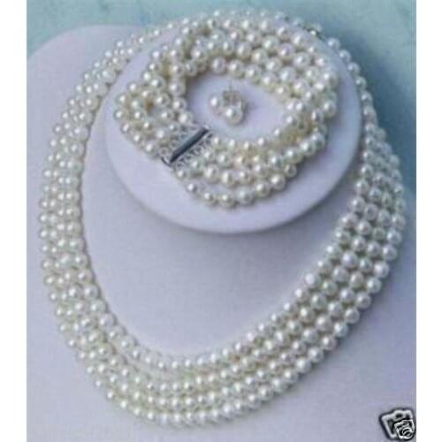 Charming 4 rows white pearl necklace &bracelet& earring