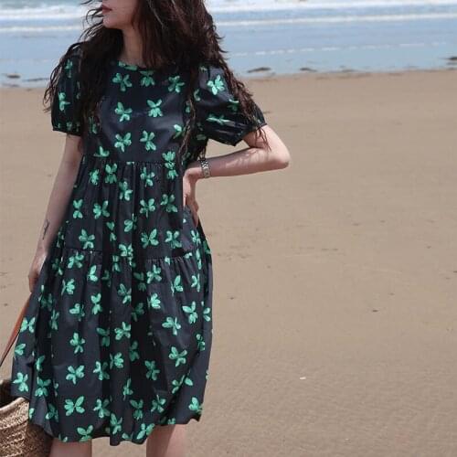 Cotton Green Butterfly Floral Puff Sleeve O-Neck Midi Dress for Womens 2021 Summer New Casual Korean Loose Beach Women Dresses