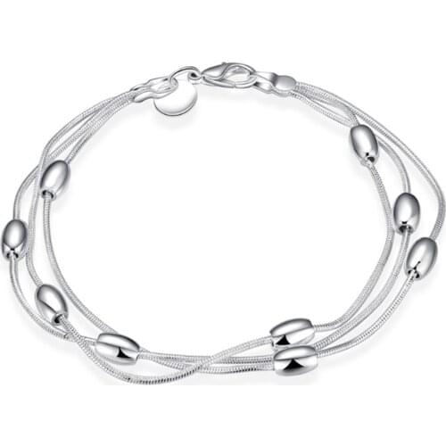 Silver Plated Three Snake Chain Smooth Bead Bracelet Is Suitable for Womens Wedding Engagement Party Fashion Jewelry