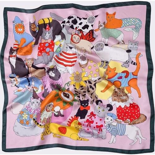 2021 New Womens Fashion Cute Cat Printing Scarf Spring and Summer Versatile Neckerchief Female Sex Soft Head Scarves