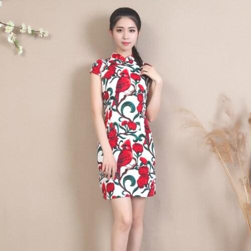 Sheng Coco Womens Chinese Style Dresses Improve Elasticity Cotton Cheongsam Dress Summer New Slim Plus Size S-5XL Short Qi Pao
