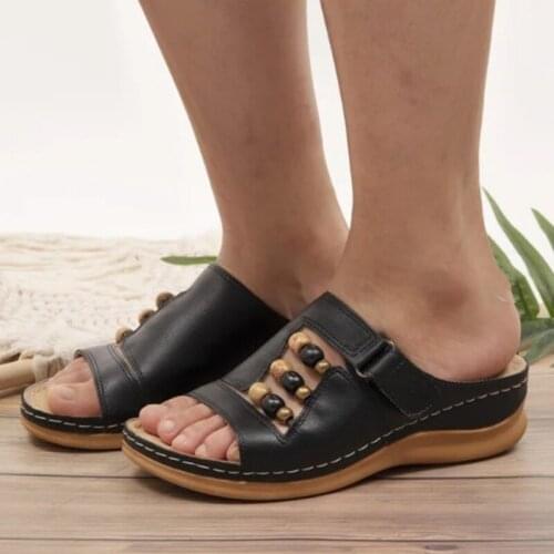 Summer Retro String Bead Slippers Women Platform Wedges Low Heel Pu Leather Non Slip Outdoor Slides Beach Leisure Ladies Shoes