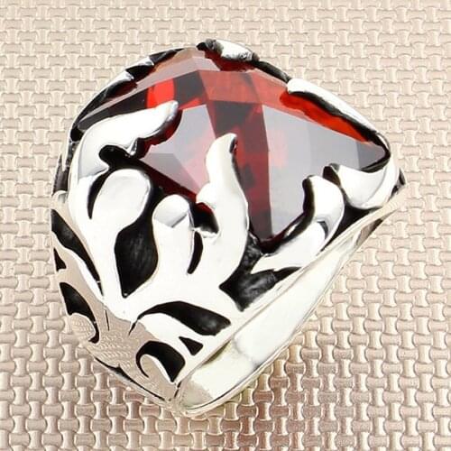 Modern Rectangle Red Zircon Stone Men Silver Ring With Symmetrical Motif Made in Turkey Solid 925 Sterling Silver