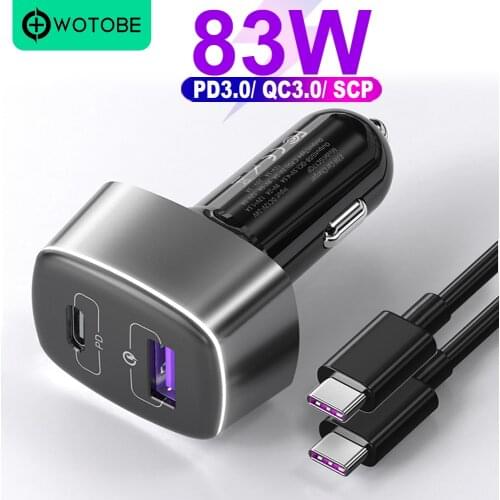 WOTOBE 2 port 83W super fast car charger,1 Port USB C PD 60W 20V power adapter, 5A QC3.0/AFC/SCP 22.5W for laptops huawei xiaomi