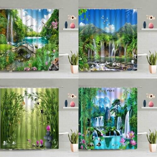 Chinese Style Scenery Shower Curtain Waterfall Green Bamboo Plants Forest Lotus Flowers Zen Stone Bathtub Decor Screen Washable
