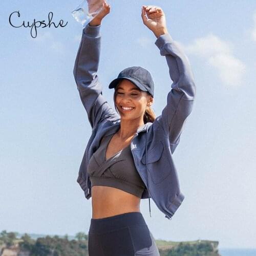 CUPSHE Navy Pockets Drawstring Hoodie Top For Woman Casual Long Sleeve Sweatshirt 2021 Spring Autumn Zip Front Hoodie