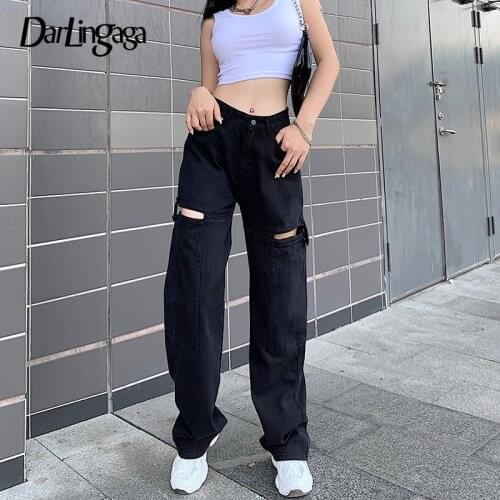 Darlingaga Streetwear Solid Straight Cargo Pants Women Casual Loose Long Jeans High Waist Trousers Hollow Out Denim Pants Bottom