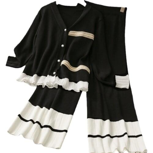 Women New Fall Fashion Two Piece Set Single Breast Ruffled Stitching Sweater Cardigan&High Waist Wide Leg Pants Casual 2pc Suits