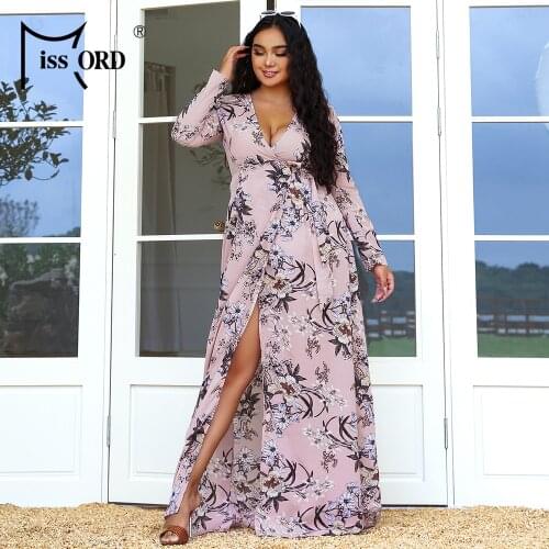 Missord Plus Size Long Floral Dress Fashion Women 2021 Elegant Printing V Neck Side Split Casual Pink Maxi Wrap Dresses Autumn