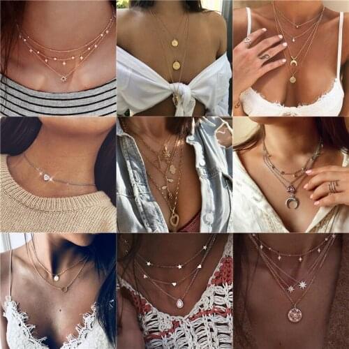 ALIUTOM 18 Style Boho Shell Cross Leaf Heart Pendant Choker Necklace Multilayer Long Chain Statement Collares Necklace For Women