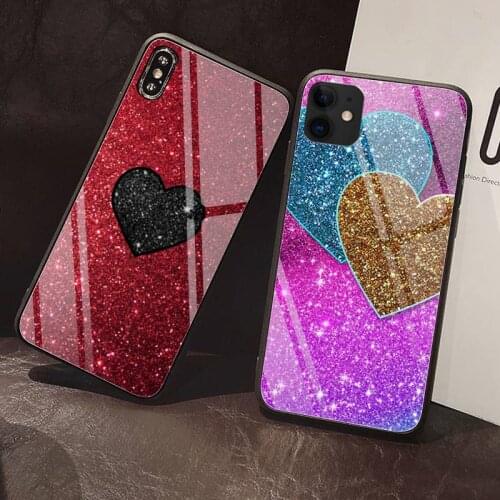 Shiny heart Phone Case Tempered Glass For iPhone 12 Pro Max Mini 11 Pro XR XS MAX 8 X 7 6S 6 Plus SE 2020 case