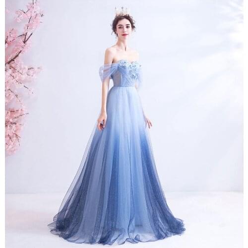 Off The Shoulder Smoke Light Blue Fairy Prom Dresses Lace up back Vestido Longo Festa Gala Full Length Formal Party Dresses