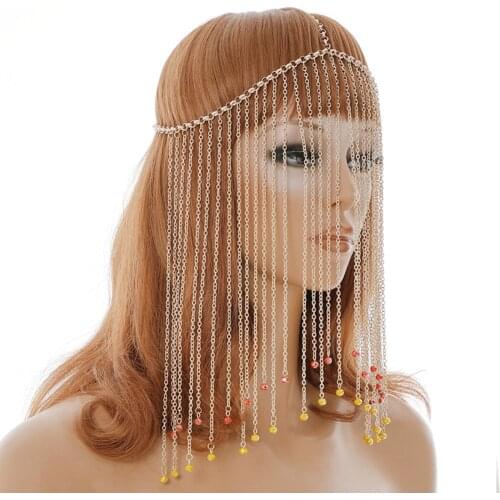 European Exotic Sexy Women jewelry Mask Handmade Metallic Alloy Long Tassel Fringe Head Jewerly Dance Show Lades Mask Head Chain