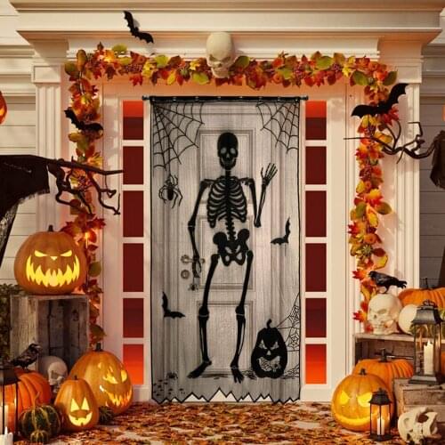 Halloween creeping little ghost lace curtains Halloween door and window decoration scary skull black curtains Halloween party