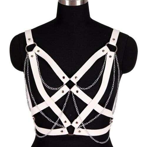 Punk Leather Harness Belt Corset Womens Underwear Tops Crop Halloween Carnival Garters Dress Dance Metal Chain Goth Accessories