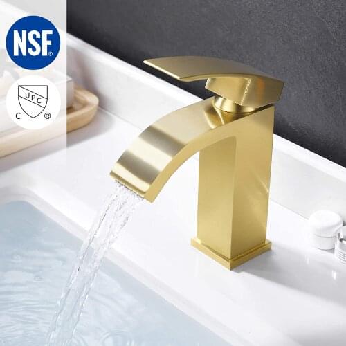 Brushed Gold Brass Bathroom Waterfall Faucet Single Handle One Hole Vanity Sink Faucet cUPC NSF Certified Brass Construction