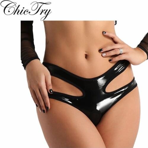 Fashion Female Women Girls Lingerie Wet Look Faux Leather Crotchless Hollow Out Low Rise Mini Briefs Underwear Triangle Panties