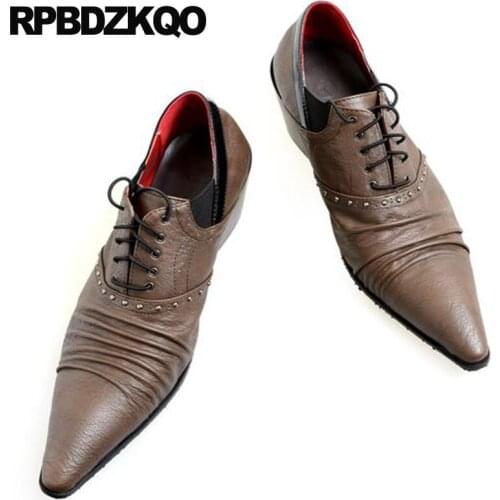 Brown Brand Lace Up Oxfords Runway Large Size Stud Rivet Genuine Leather Men Pointed Toe Dress Shoes High Heel British Style