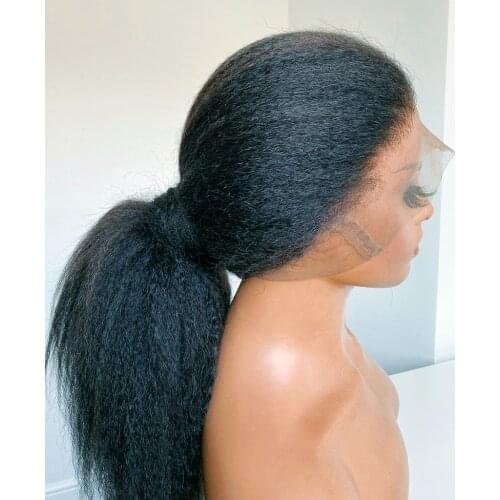 180% Density Yaki Black Long Kinky Straight Glueless Lace Front Wig For Women Synthetic With Babyhair Daily Heat Temperature