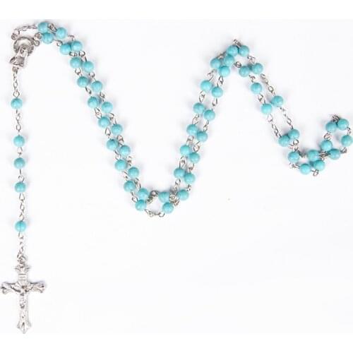 Religious 8mm Christian Catholic Jesus Christ Acrylic Beads Long Pendant Cross Rosary Necklace