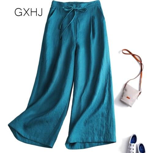Elastic Waist Summer Women Pants Plus Size High Waist Thin Cotton Linen Wide Leg Pants Casual Straight Trousers LHJ157