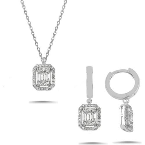 Silver Ancl Mid-Three Small Baget Cubic Zirconia Diamond Model Necklace Earring Set