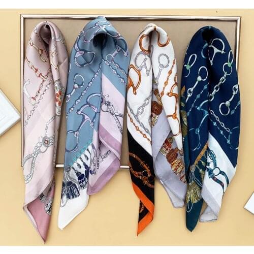 Real silk 100% mulberry silk scarf Square Head Scarf Women Vintage Chain Hijab Luxury Brand Scarves Female Shawl&Wraps 2021 New